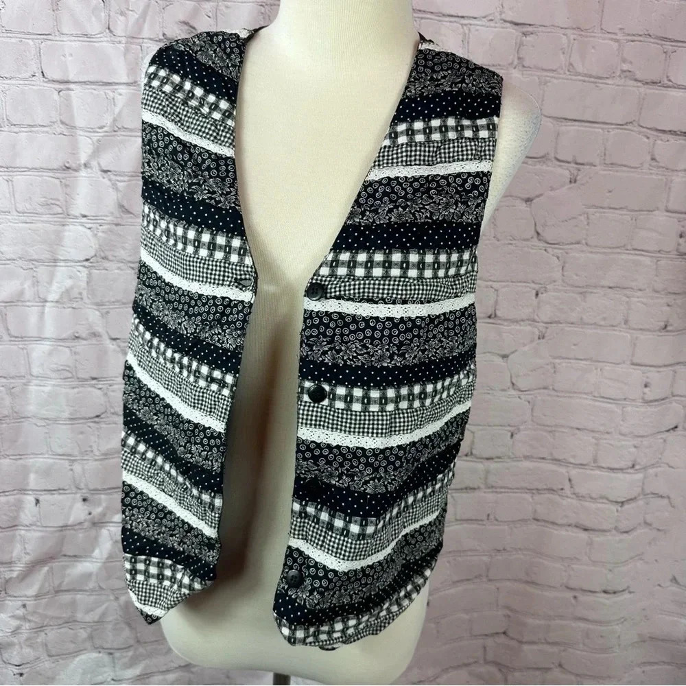vintage 90s quilted black white vest Casey & Max 100% cotton sz small